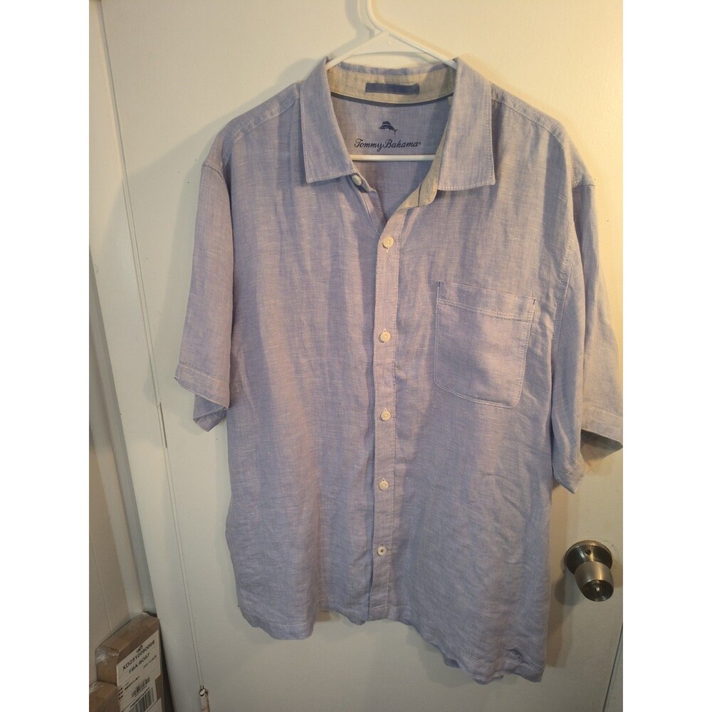 Tommy Bahama Shirt Mens XL Purple 100% Linen Short Sleeve Button Up Camp Solid